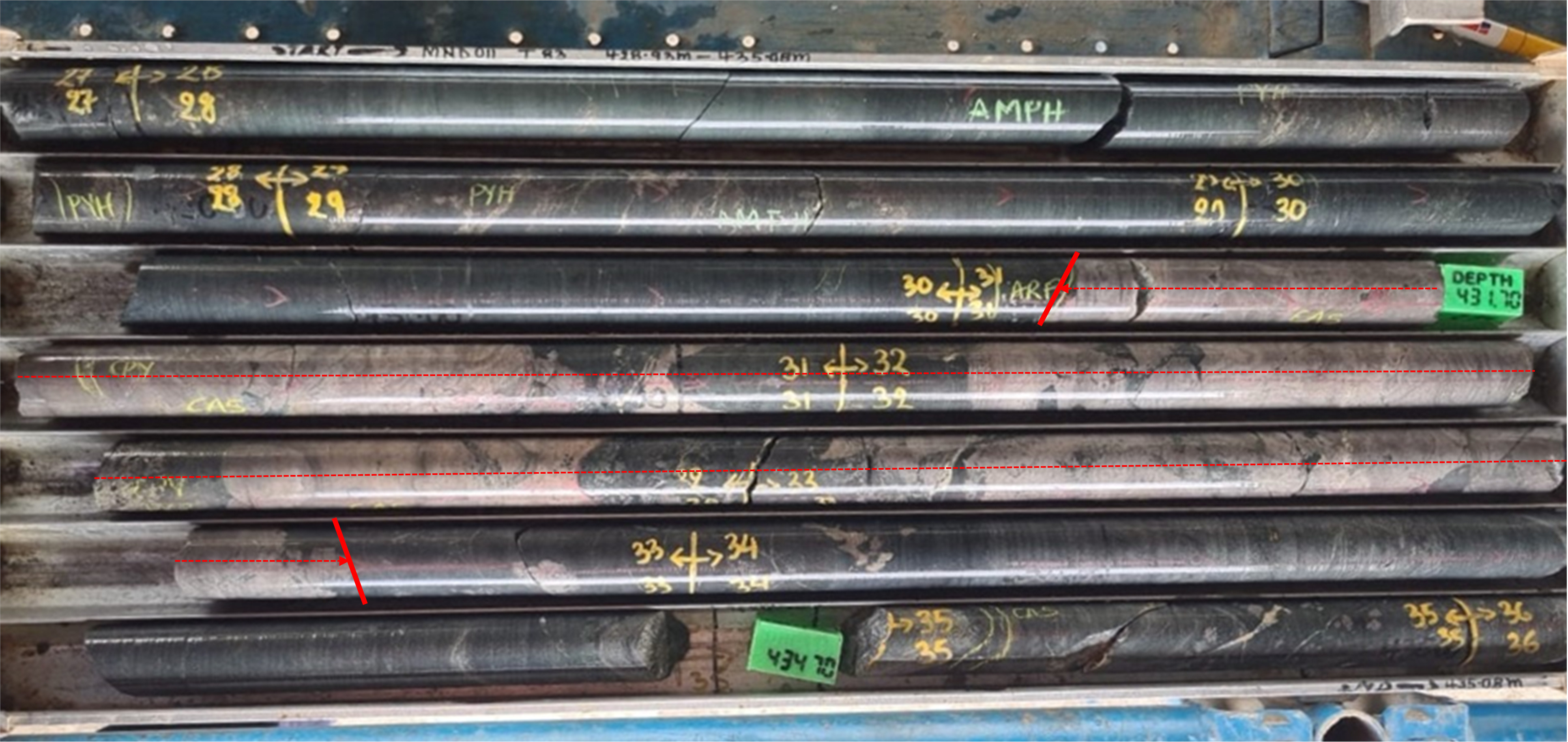 Figure 1: Highly mineralised cassiterite (pink) in Hole MND011 at Mpama North, including a zone of massive cassiterite veins (annotated with red dashed lines): Highly mineralised cassiterite (pink) in Hole MND011 at Mpama North, including a zone of massive cassiterite veins (annotated with red dashed lines)