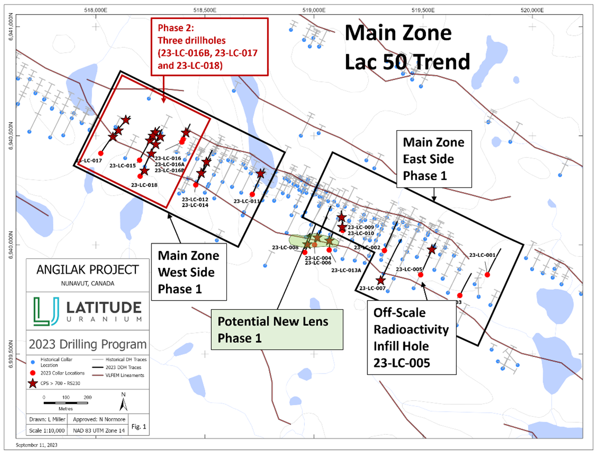 Figure 1: Location of Phase 1 and Phase 2 drillholes, and potential new lens within the Lac 50 Trend. 