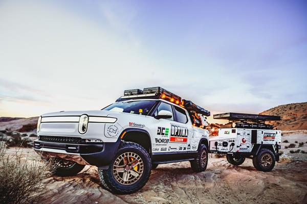 OPTIMA Batteries off-road upfit Rivian towing the mobile Power Station