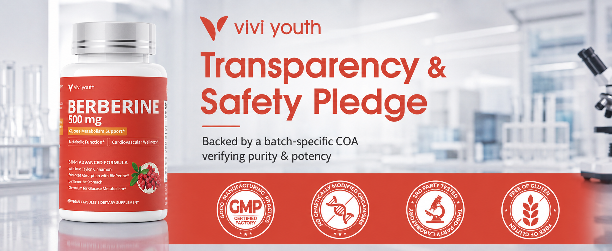 ViViYouth Berberine with Ceylon Cinnamon transparency banner showing a batch-specific COA and laboratory testing quality badges.