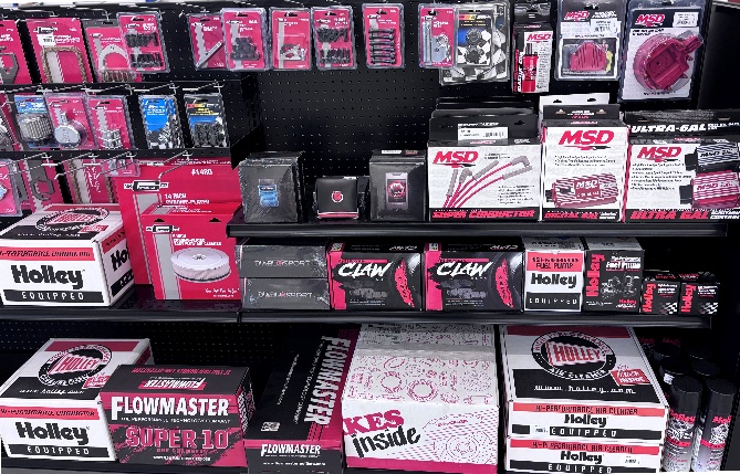 Holley Performance Brands products, including Holley, MSD, Flowmaster, Baer Brakes, DiabloSport and Mr. Gasket, at a national retail partner location.