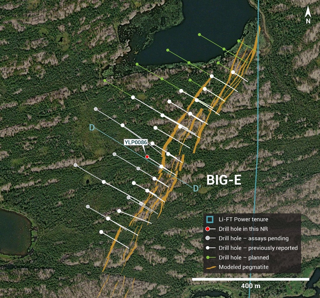 Plan view showing the surface expression of the BIG East pegmatite with diamond drill hole reported in this press release.