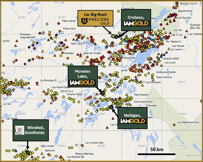 Map of Lac Big-Rush property location among important deposits in the Chibougamau Camp.