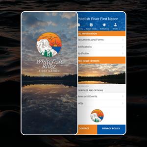 The Whitefish River First Nations mobile app displayed in device frames. 