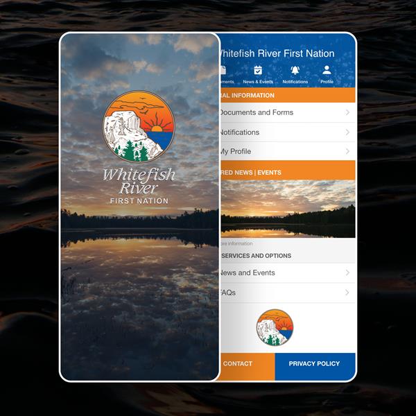 The Whitefish River First Nations mobile app displayed in device frames. 