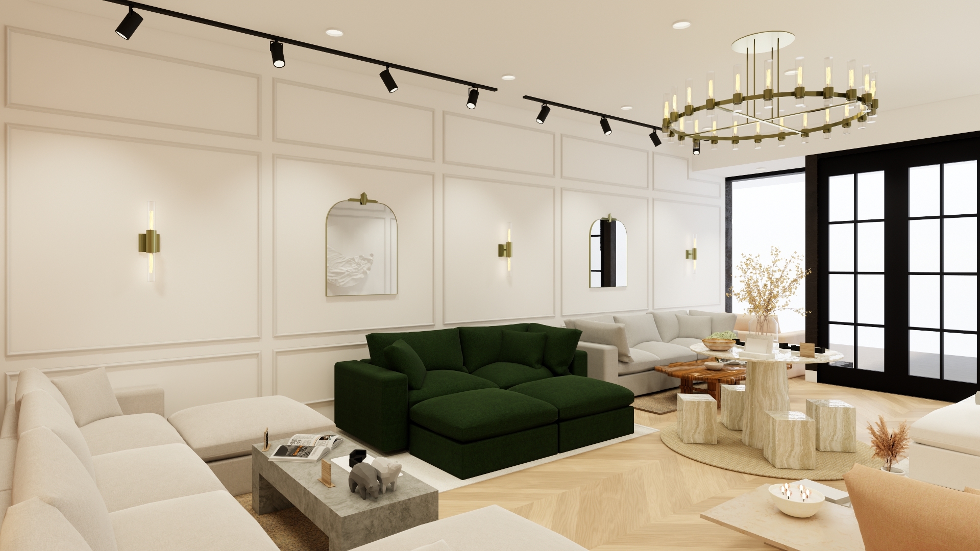 An Olive Green modular sofa in Premium Performance Velvet anchors a seating area inside the 7th Avenue's new showroom at The Westchester.