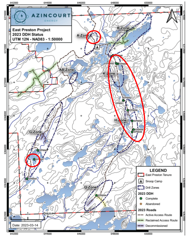 Figure 2: Zones at the East Preston Uranium Project with the areas of dravite and kaolinite clay alteration highlighted in red, overlain on 2023 drill hole location map.
