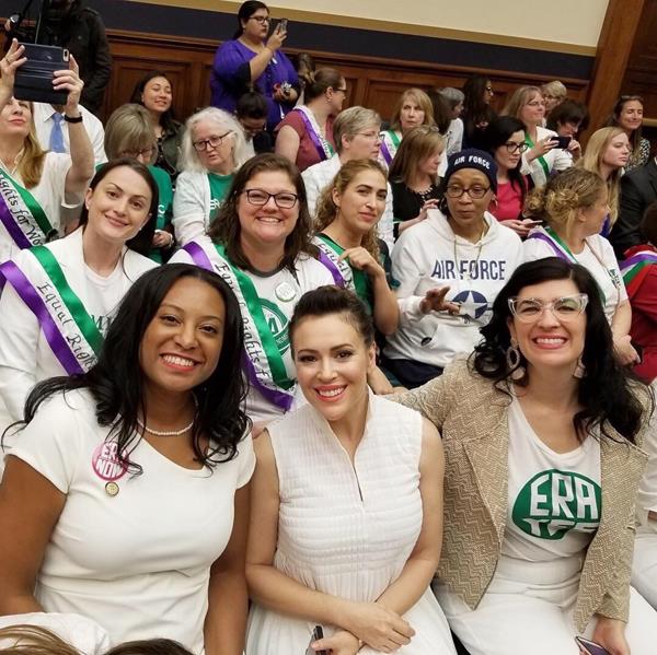 Activists, including actress Alyssa Milano (center), Delegate Jennifer Carroll Foy of Virginia (left) and Equality Now Human Rights Attorney Kate Kelly (right) appear on Capitol Hill in support of the Equal Rights Amendment, April 30, 2019. 