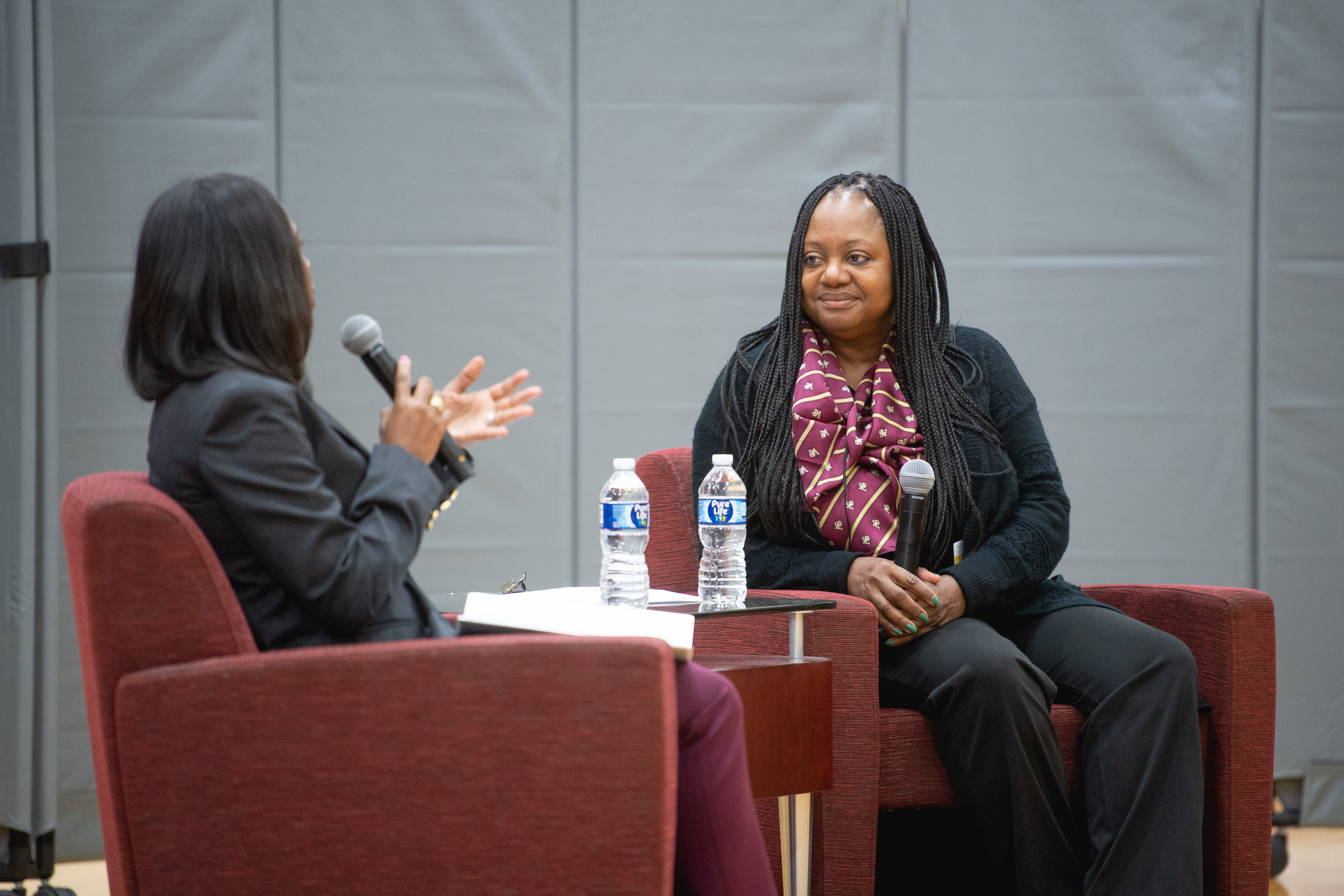 Ambassador Bonnie Jenkins, right, U.S. Department of State Under Secretary for Arms Control and International Security, speaks with Dr. Latitia McCane, left, director of education at The Newport News Shipbuilding Apprentice School, during a visit to HII on Thursday, November 16, 2023.