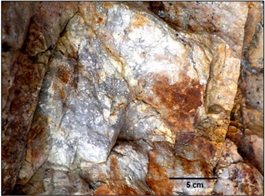 Hydrothermal breccia with potassic to clay altered rhyolite.