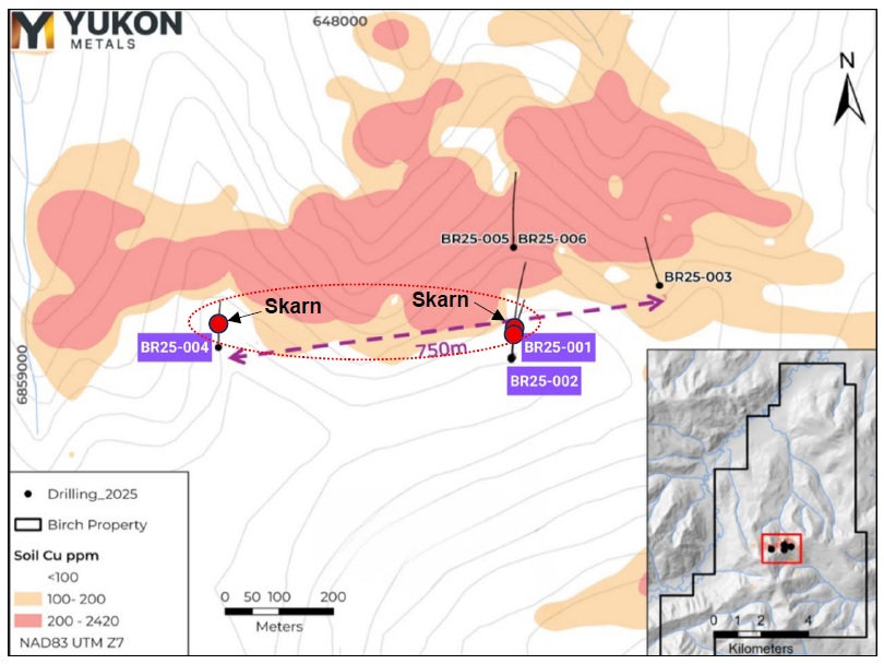 2025 Drill Location Map with Skarn Mineralization in Drill HolesOverlain 2024 Soil Copper Anomaly.
