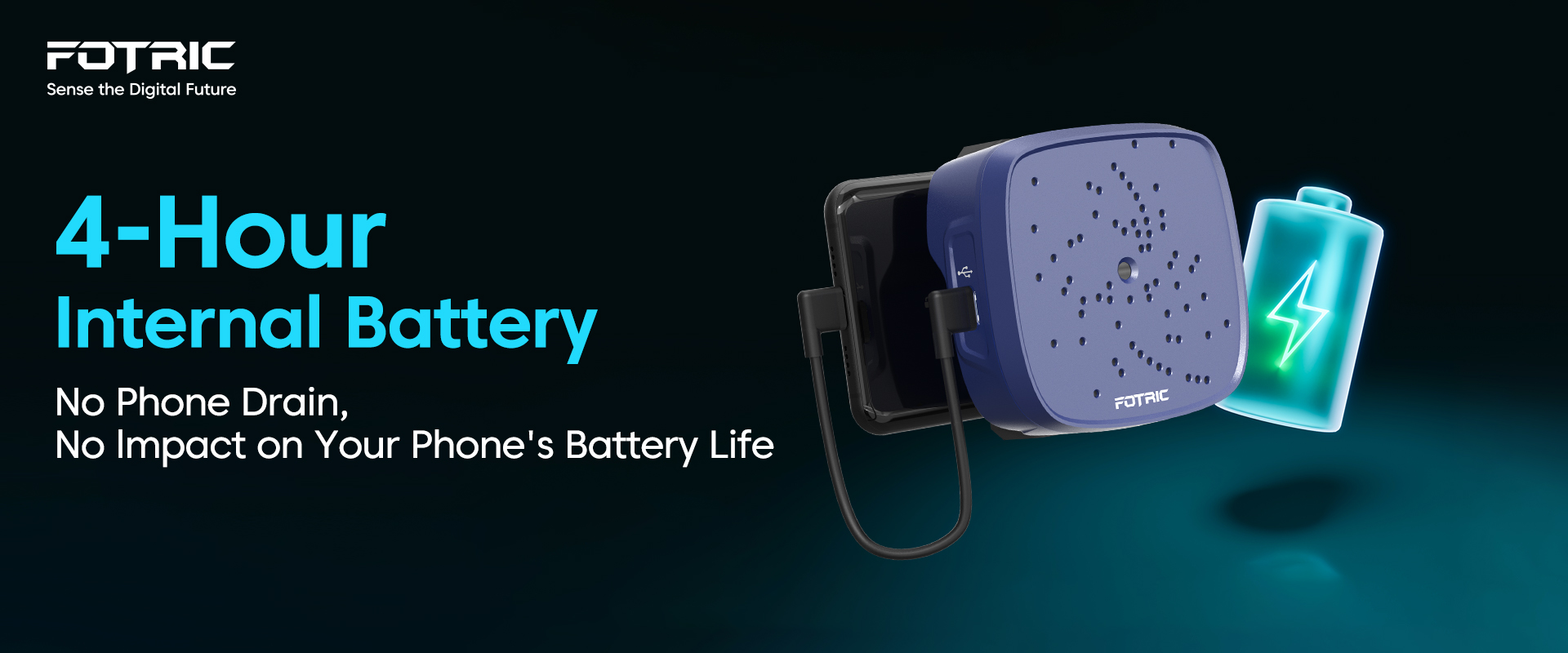 Close-up of FOTRIC TD2 Geek highlighting its built-in battery module providing four hours of independent operation with no phone power consumption.