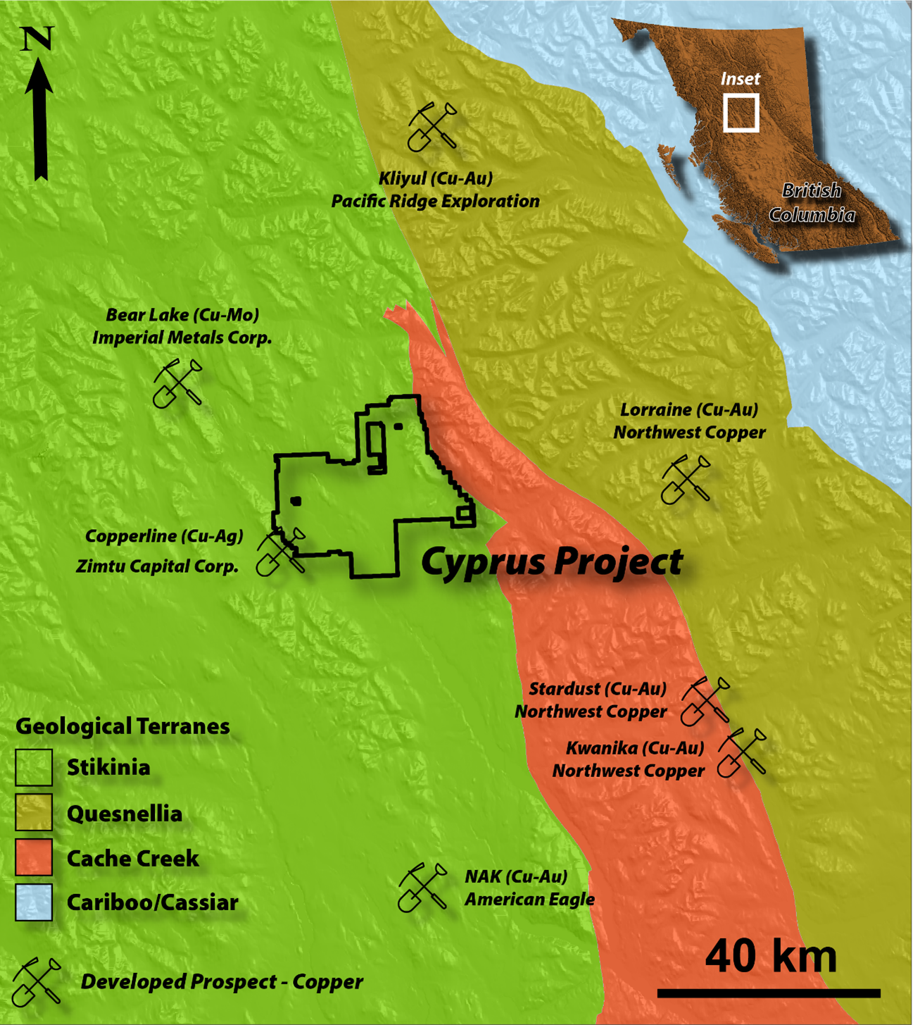 Map showing location of Cyprus Project in relation to existing copper ± gold prospects in north-central British Columbia