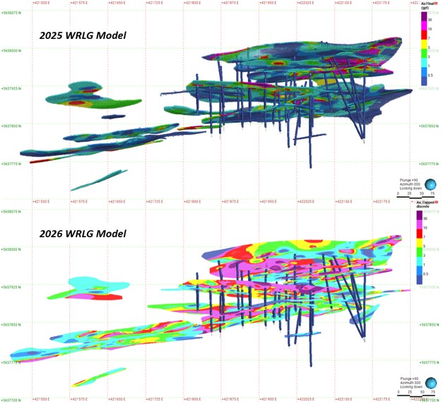 Plan view showing comparison between Rowan 2025 and 2026 MRE block models along with 2025-2026 drill strings. 