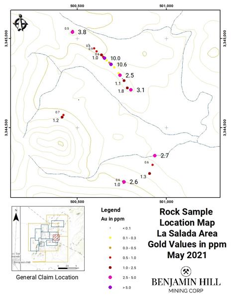 Figure 2. Gold Assays La Salada Area, May 2021 Sampling Work