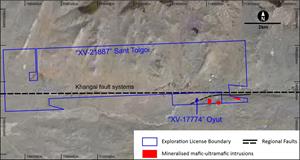 Sant Tolgoi Cu-Ni project covers two granted Exploration Licences XV-17774 (Oyut) and XV-21887 (Sant Tolgoi) a combined area of area of over 40km2.