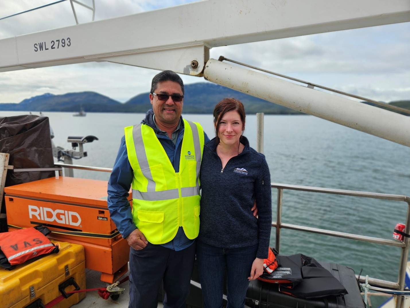 Pictured from left to right: Adrian Maharaj (Pioneer Consulting's shipboard representative) and Sarah Kathrein (CTC Project Manager) aboard the marine route survey vessel for the FISH West and FISH South submarine cable systems at the start of the survey in May 2025.