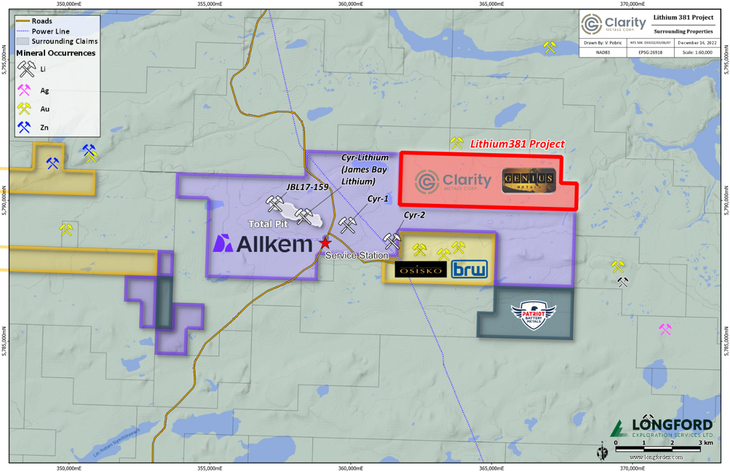 Location of Lithium381 Project showing nearby properties and total pit outline on Allkem’s James Bay Lithium Project from the Allkem Feasibility Study.