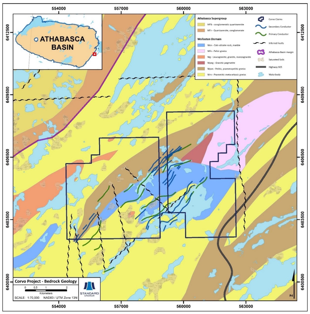 Plan map showing regional bedrock geology of the Corvo project area and highlighting EM conductors coincident with cross-cutting faults.