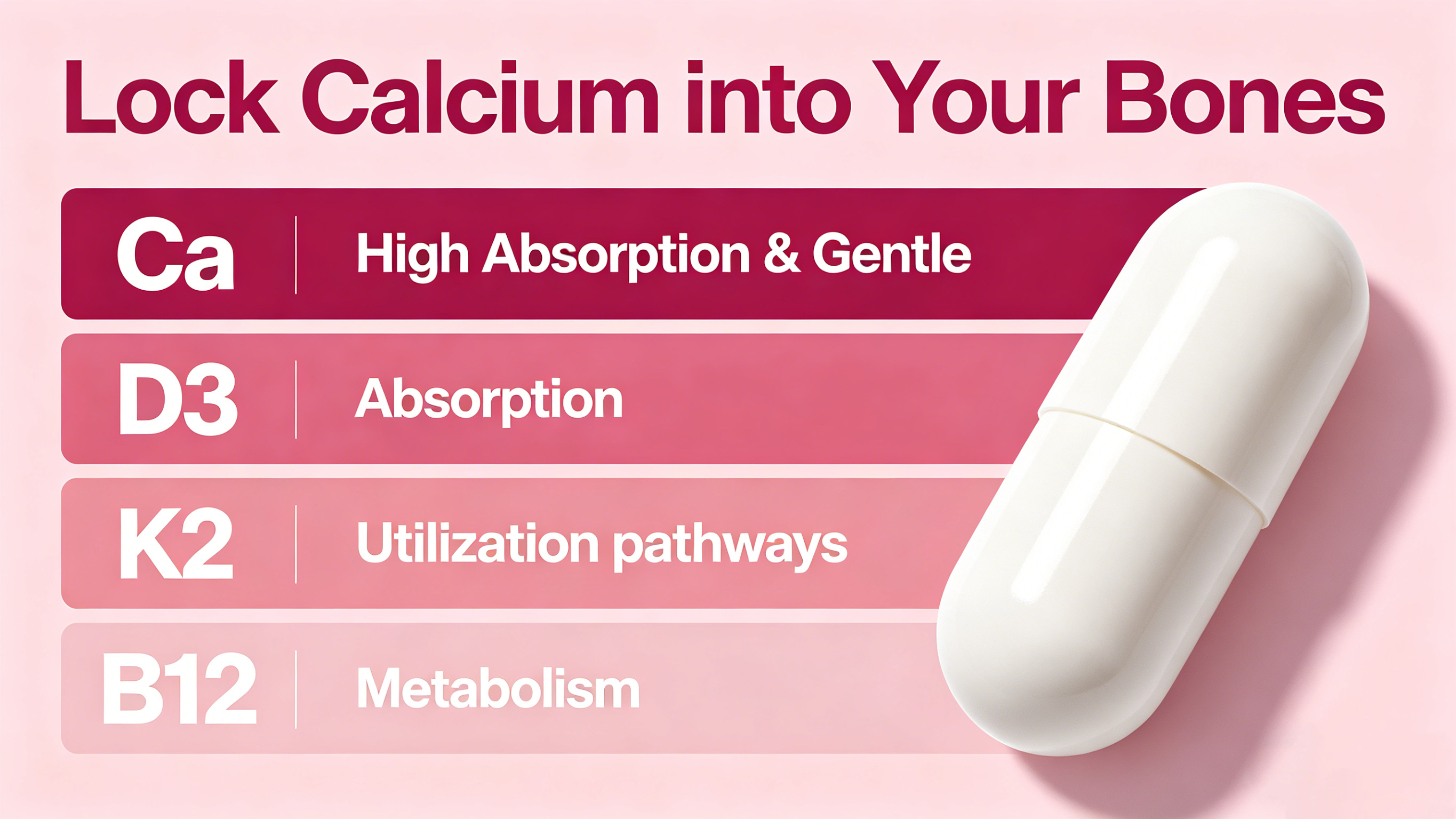 Diagram illustrating calcium absorption with vitamin D3 and utilization with vitamin K2 support.
