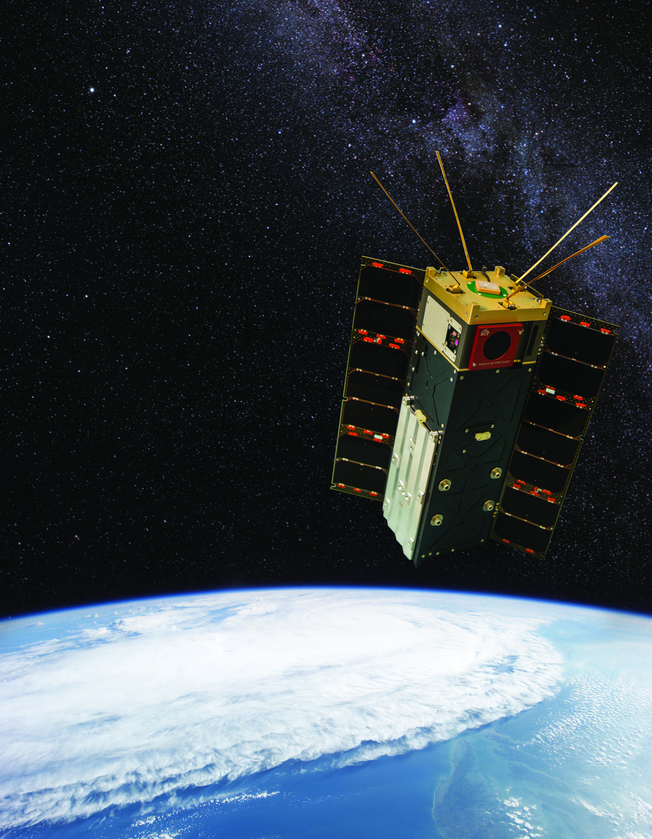 The Space Dynamics Laboratory announced today that a small satellite built by SDL was successfully deployed into orbit, and telemetry indicates that the spacecraft health is nominal and the satellite is operating as designed. Pictured is a composite illustration of the HyperAngular Rainbow Polarimeter satellite. (Credit: NASA and Space Dynamics Laboratory) 