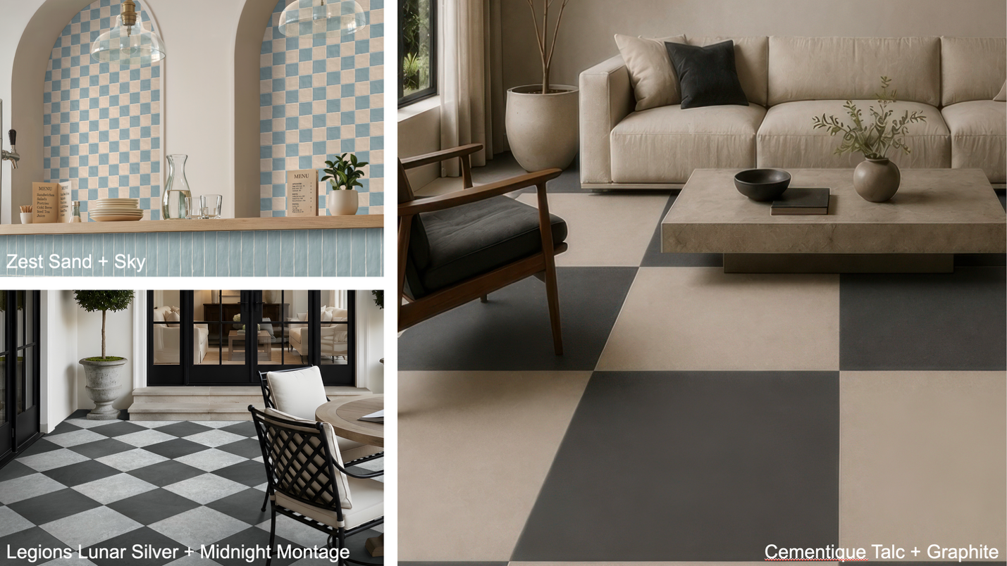Collage of several Mix and Match Checkerboard Tile looks