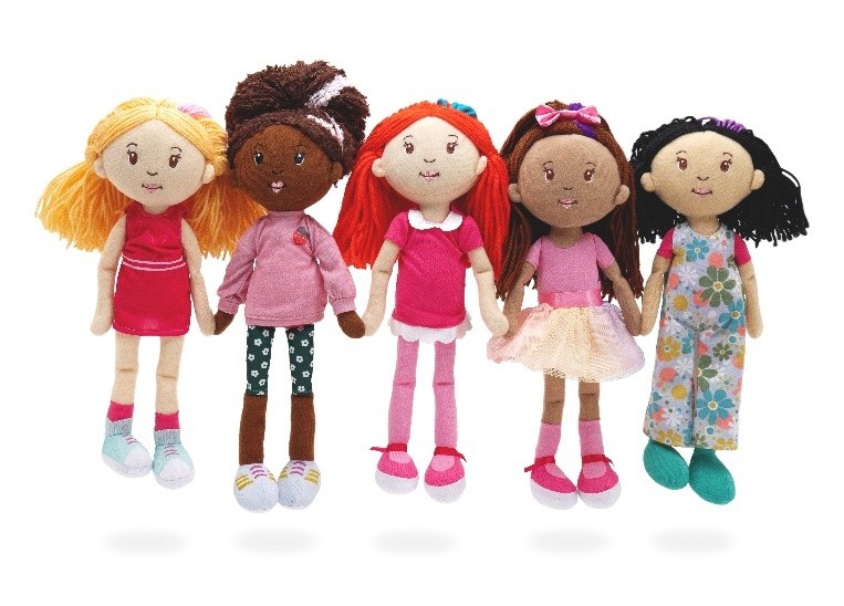 The new Groovy Girls doll collection, featuring (from left) Rose, Saige, Poppy, Iris, and Daisy, will be available beginning in May 2026 at specialty retailers and manhattantoy.com. 