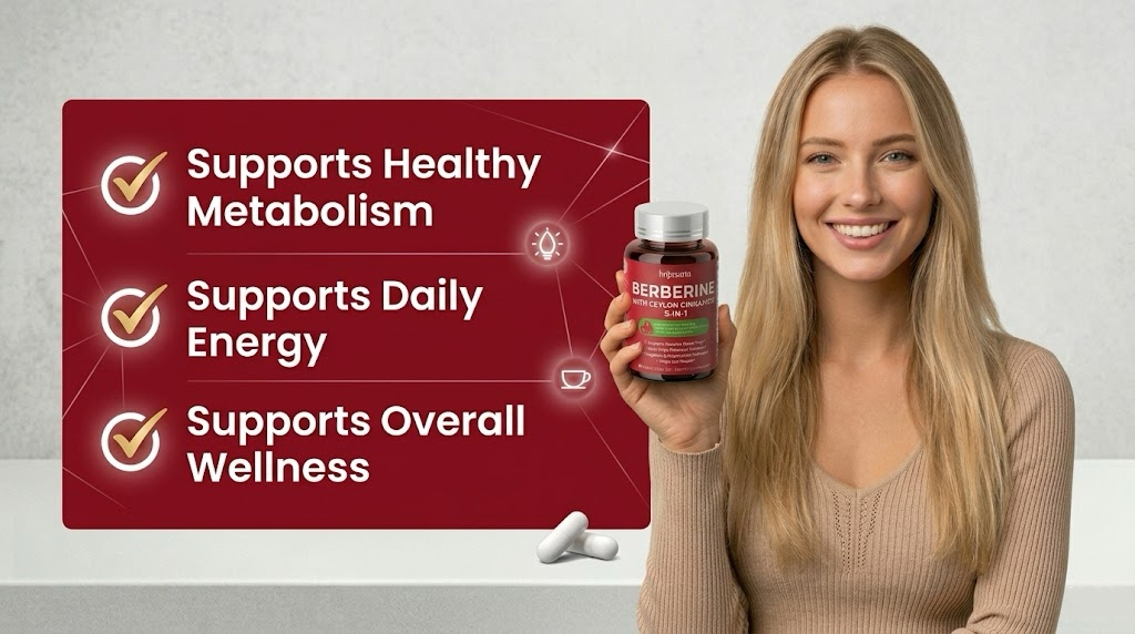 HojaSana Berberine with Ceylon Cinnamon 5-in-1 supplement supports healthy metabolism, daily energy, and overall wellness.