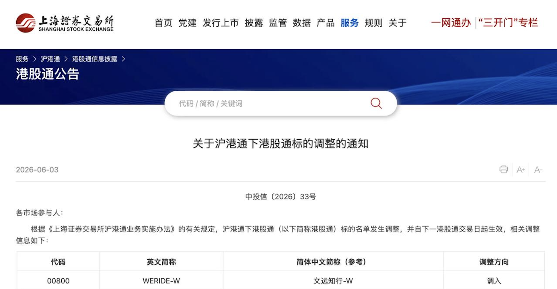 Shanghai Stock Exchange notice on the inclusion of WeRide under the Hong Kong Stock Connect eligible securities list 