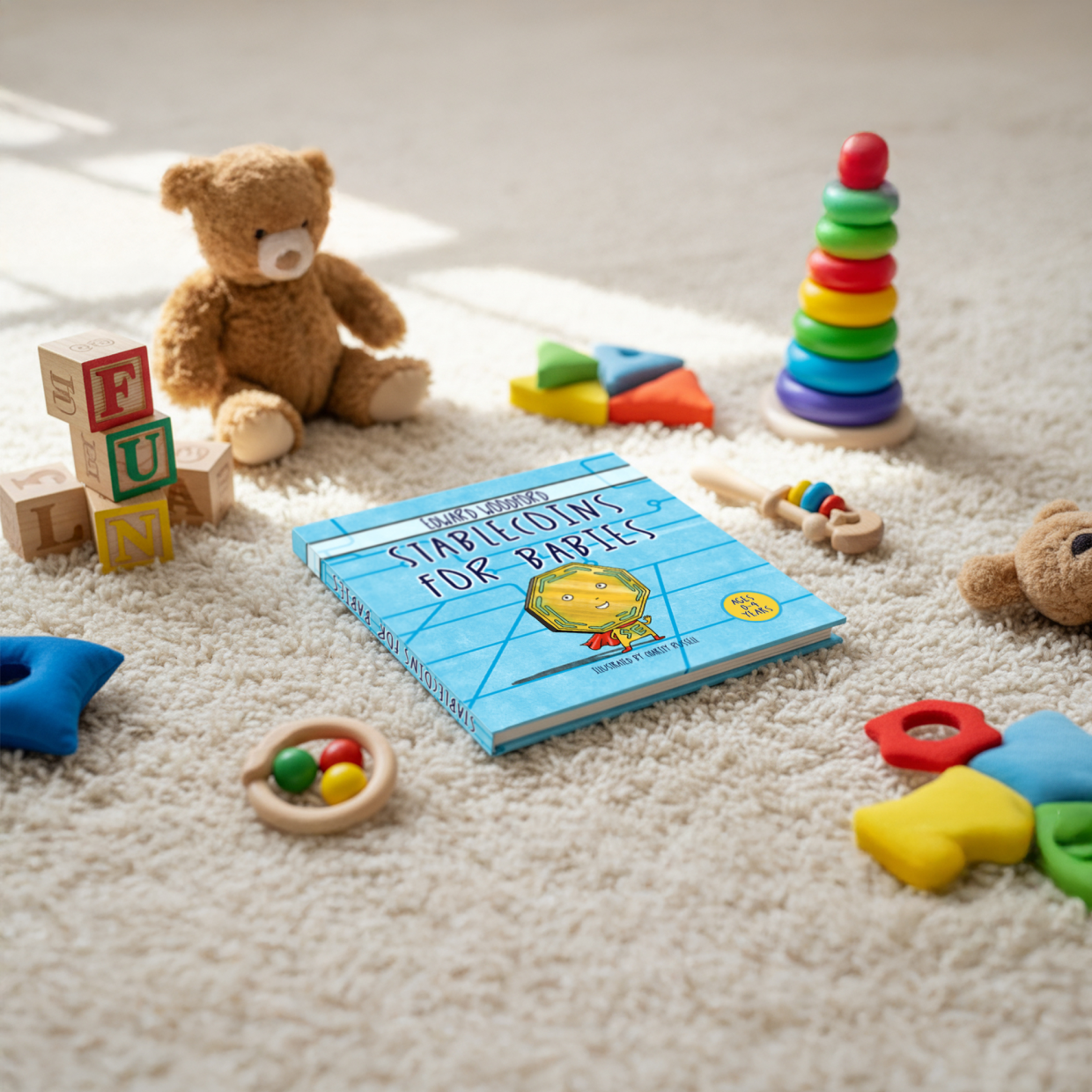 Illustrated book cover of "Stablecoins for Babies," a children's guide to understanding stablecoins, digital payments, and beginner financial literacy