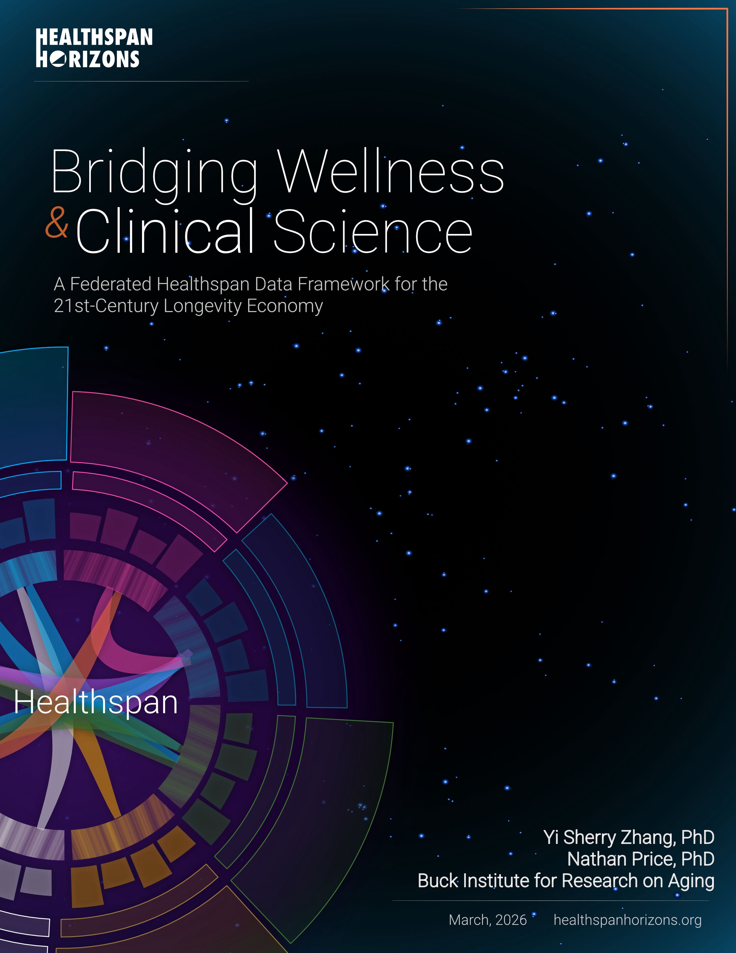 Cover of the Healthspan Horizons white paper, “Bridging Wellness & Clinical Science: A Federated Healthspan Data Framework for the 21st-Century Longevity Economy,” released by the Buck Institute for Research on Aging.