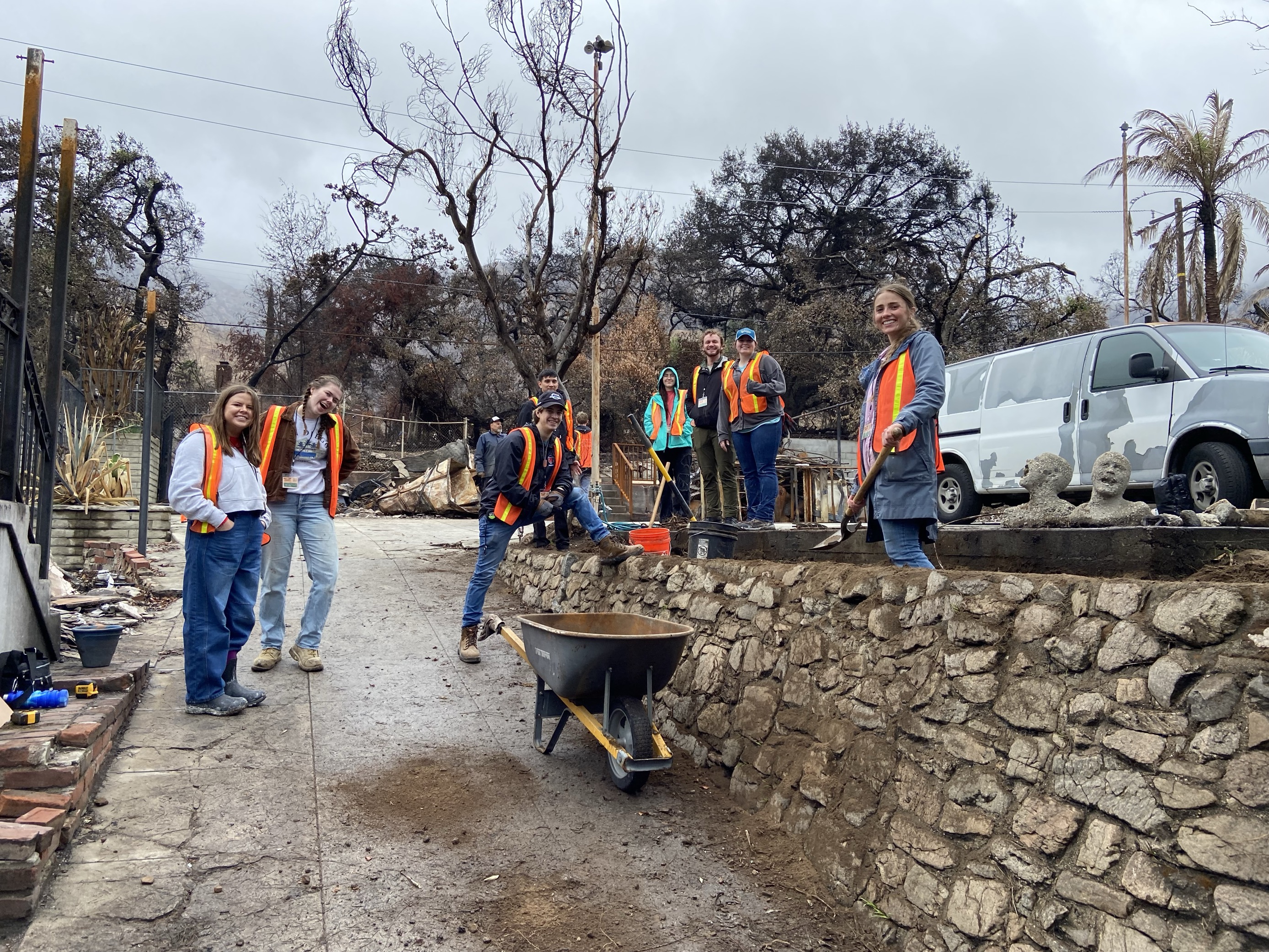 UVU architecture students cleaning lot of house that burned in the LA wildfires.