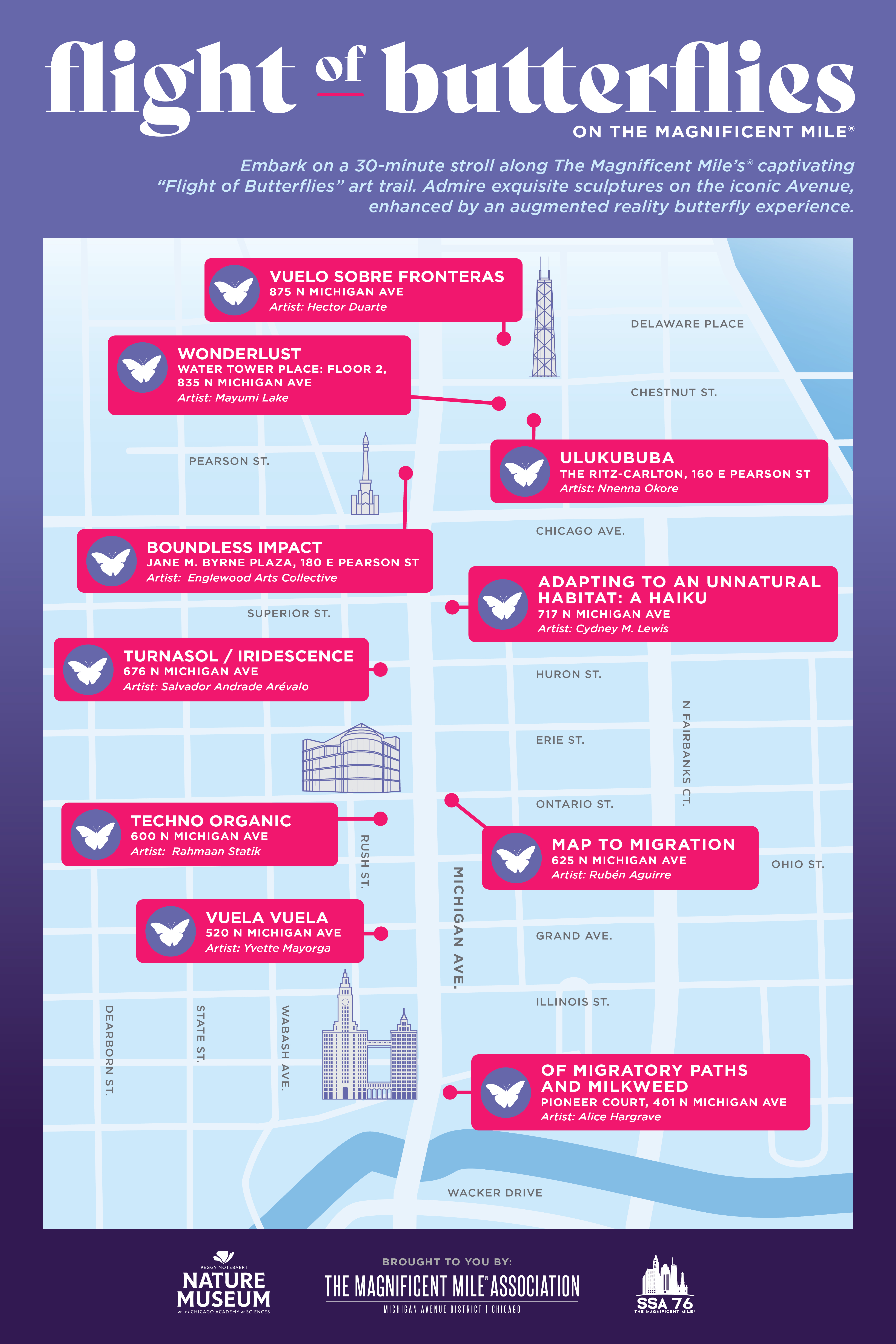 Map to Ten Butterfly Sculptures Plus Virtual Butterflies on The Magnificent Mile