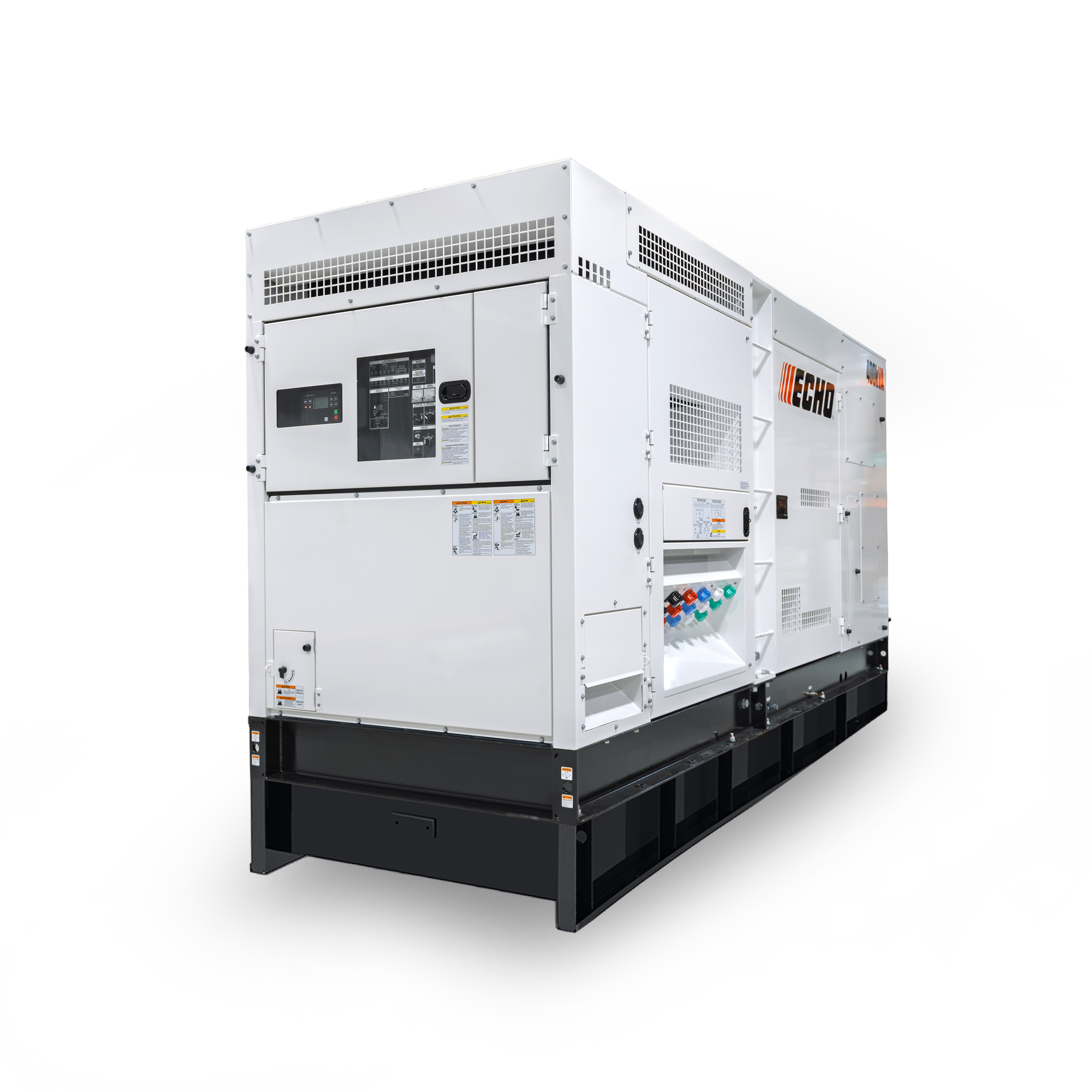 White ECHO IPE 400 kVA diesel generator in a sound-attenuated enclosure, shown on a black skid with front control panel and power connection ports