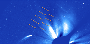 The orange arrows in this image highlight a portion of the thin, faint dust trail observed along 96P's orbit. Close examination of the full sequence of images reveals the presence of the trail both long before, and long after, 96P leaves the LASCO field of view. Credit: ESA/NASA/USNRL/K.Battams.