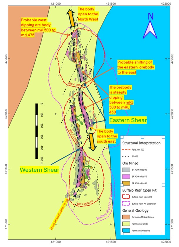 Shows the mineralized gold domains (actual ore mined at mRL500, mRL475, and mRL450) hosted within western and eastern shear structures at BRC 2, BRC 3, and BRC 4.