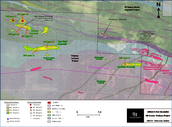 Lithium-in-soil results from the Northeast area of the Preissac-LaCorne Property