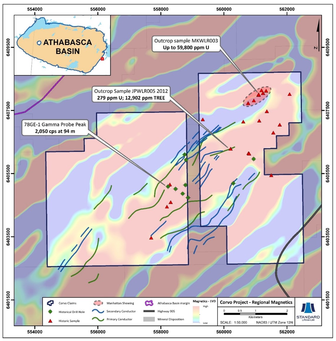 Plan map showing the magnetic low/EM conductor trends on the Corvo project highlighting historical samples and drill holes with anomalous uranium and/or radioactivity, with first vertical derivative magnetics in the background. The Manhattan showing is highlighted on the eastern Corvo claim block.