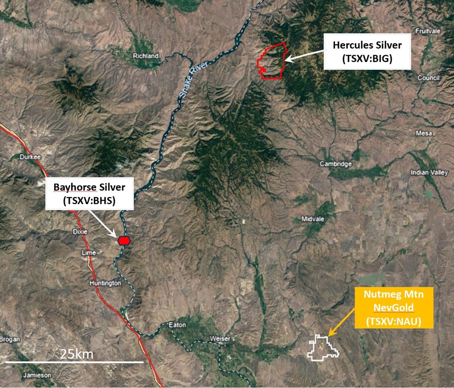 Nutmeg Mountain District Map – the recent porphyry copper discovery made by Hercules Silver (TSXV:BIG) is approximately 35 km to the northwest of Nutmeg Mountain within Washington County, Idaho.