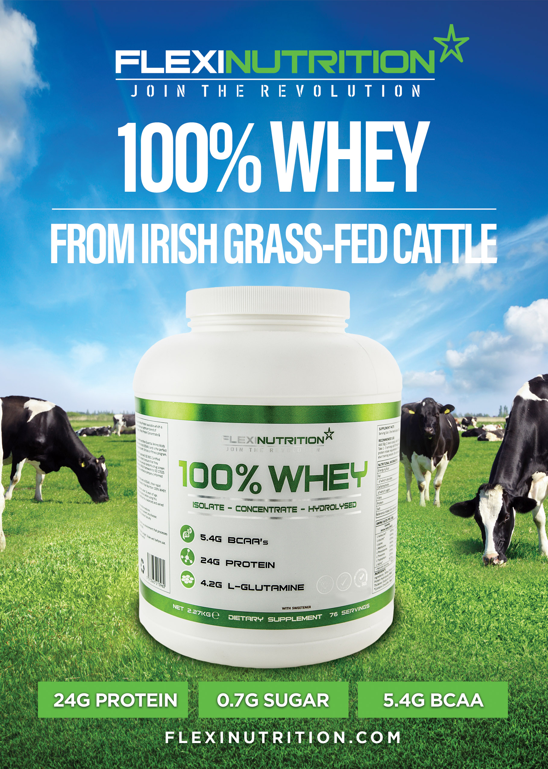 IRISH WHEY is manufactured from sustainably farmed, Irish Grass-Fed and Free-Range Whey Protein which is also Gluten and GMO Free. IRISH WHEY provides the perfect balance of essential and non-essential Amino Acids including a high concentration of Branch Chain Amino Acids (BCAAs). It is the perfect nutritional component to complement your muscle growth, fat loss or fitness program. Great taste and mixability.
