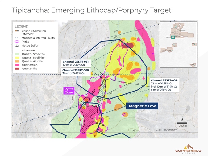 Tipicancha lithocap alteration, magnetic low and recently mapped structures.