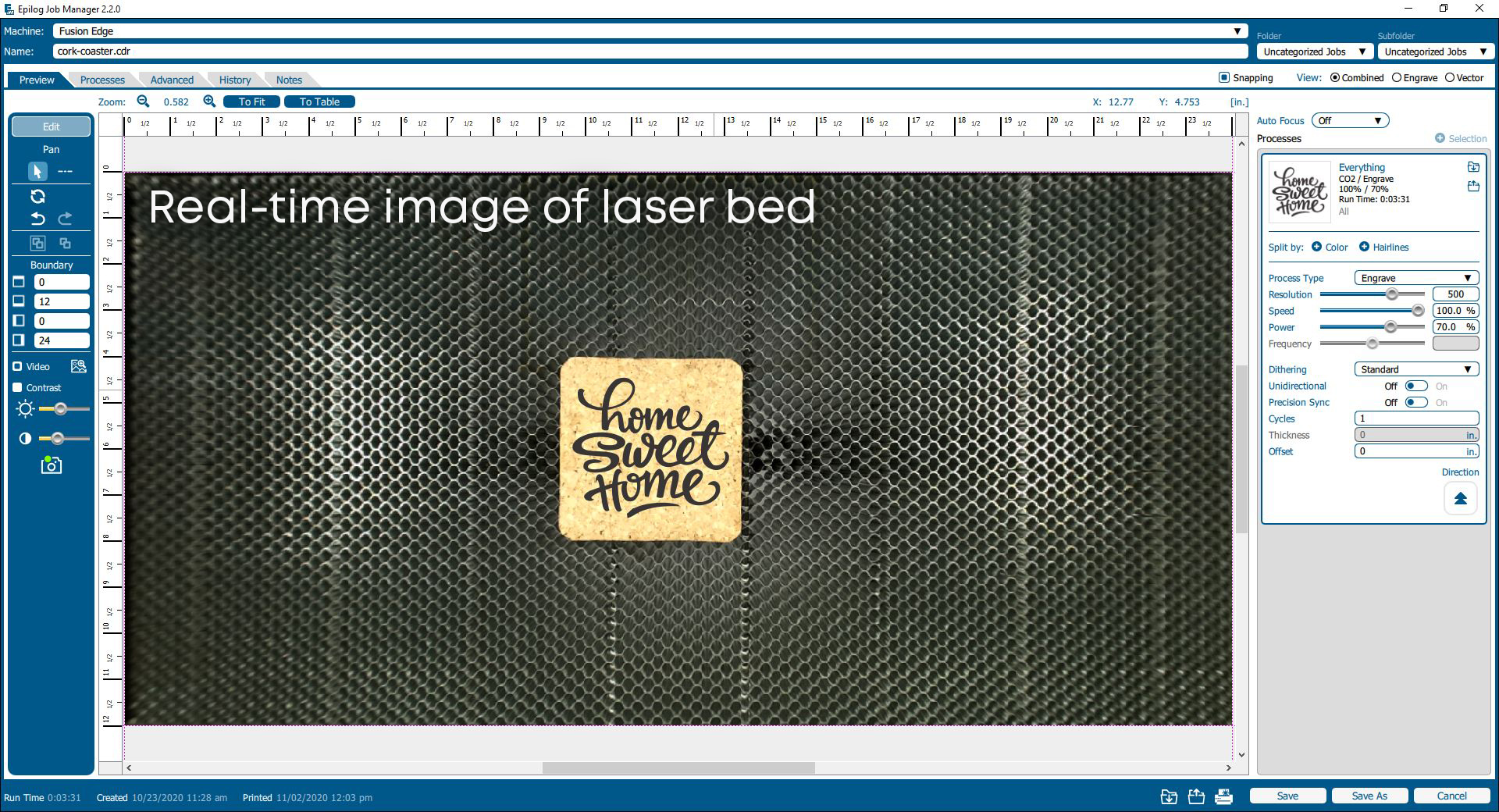 Real-time image of laser bed for easy artwork placement