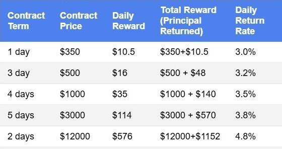 Overview of investment contract options with a focus on potential daily earnings and overall returns.