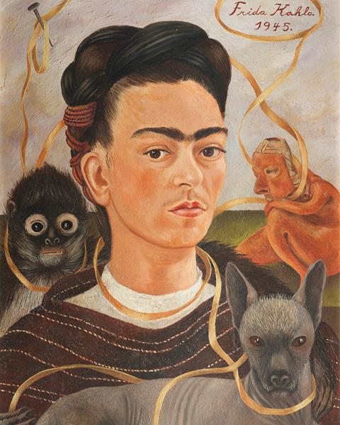 Frida Kahlo, Self-Portrait with Small Monkey, 1945 (Oil on masonite). Collection Museo Dolores Olmedo, Xochimilco, Mexico. © 2019 Banco de México, Diego Rivera and Frida Kahlo Museums Trust, Mexico City, Mexico