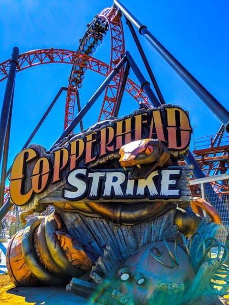 Copperhead Strike at Carowinds is the Carolina's first double-launch roller coaster, simulating a harrowing chase of getaway cars racing through rolling farmland.

