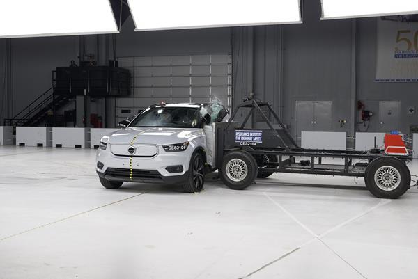 The all-electric 2021 Volvo XC40 Recharge in the IIHS 31-mph side crash test. The XC40 Recharge earns good ratings in six crashworthiness tests and qualifies for a TOP SAFETY PICK+ award. 