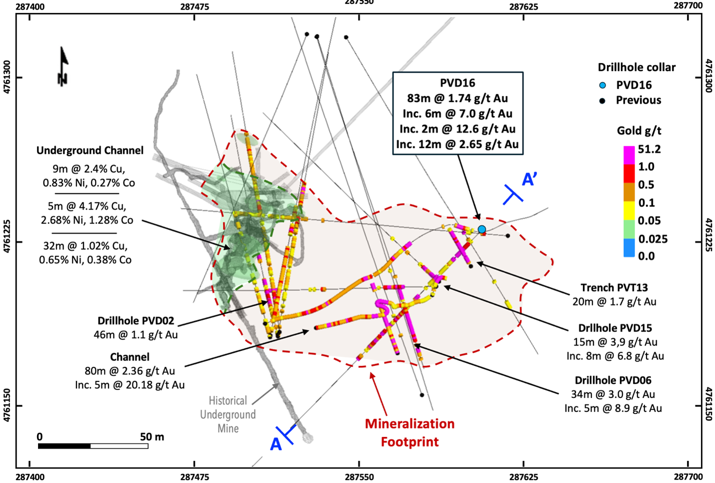 Figure 2 – Providencia target map with select drillhole and sample results 