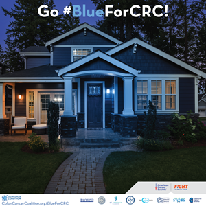 The general public can participate in the #BlueForCRC initiative by changing a lightbulb on their front porch and sharing with their neighbors the importance of being screened for colorectal cancer.
