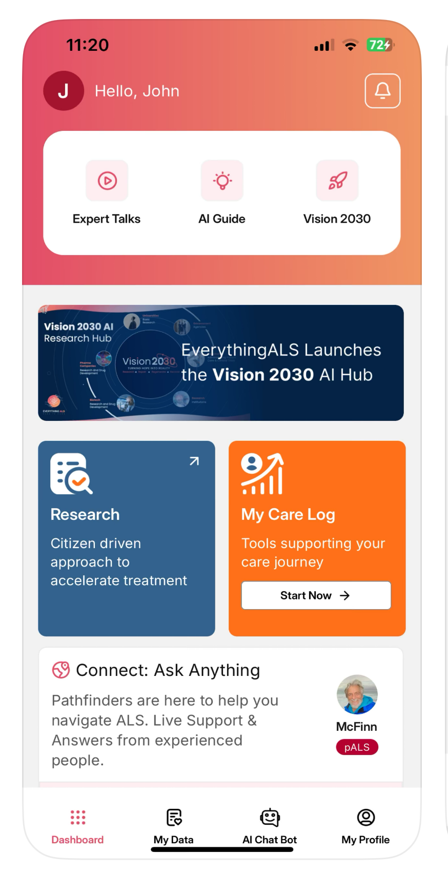 Home screen of the new app, with navigation to find the latest expert talks, AI-enabled support, and research opportunities to generate citizen-owned disease progression data and insights.