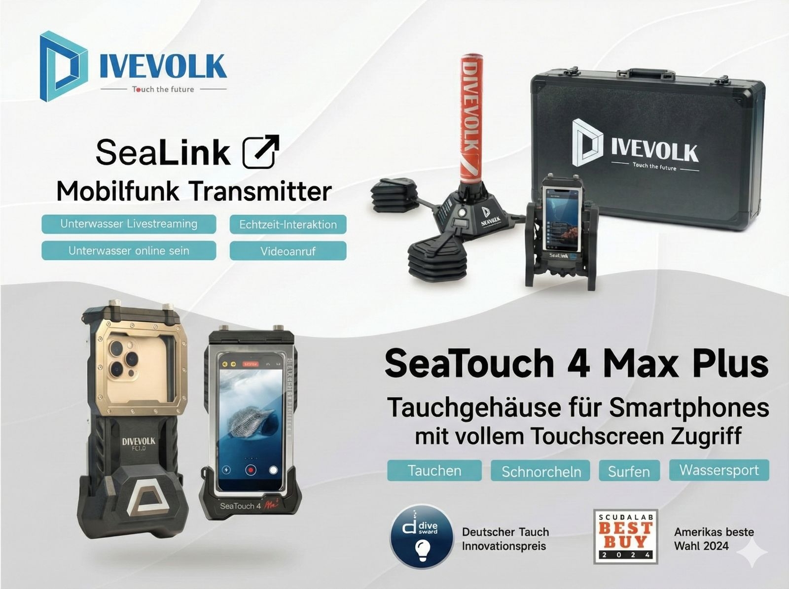 DIVEVOLK SeaLink and SeaTouch 4 Max Plus - Professional underwater touchscreen housing for smartphones